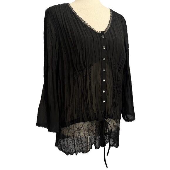 Whimsigoth Sheer Crinkled Top Size XL Babydoll Lace Buttons Goth Dark Romantic - Picture 1 of 11
